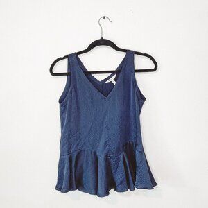 Rebecca Taylor Dark Blue Silk V-Neck Sleeveless Peplum Top